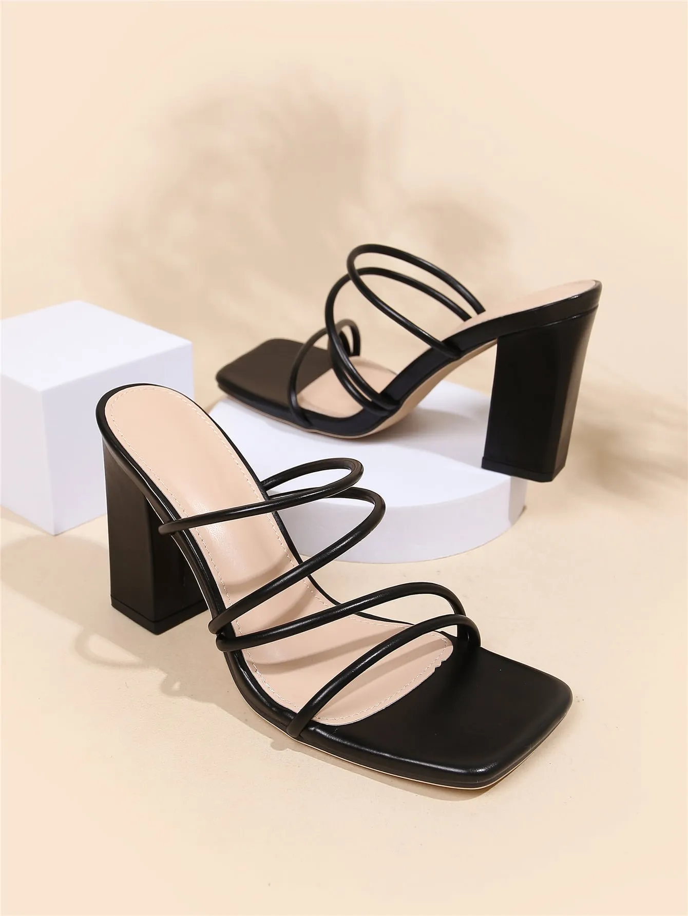 Thin Strap Chunky Heeled Mule Sandals