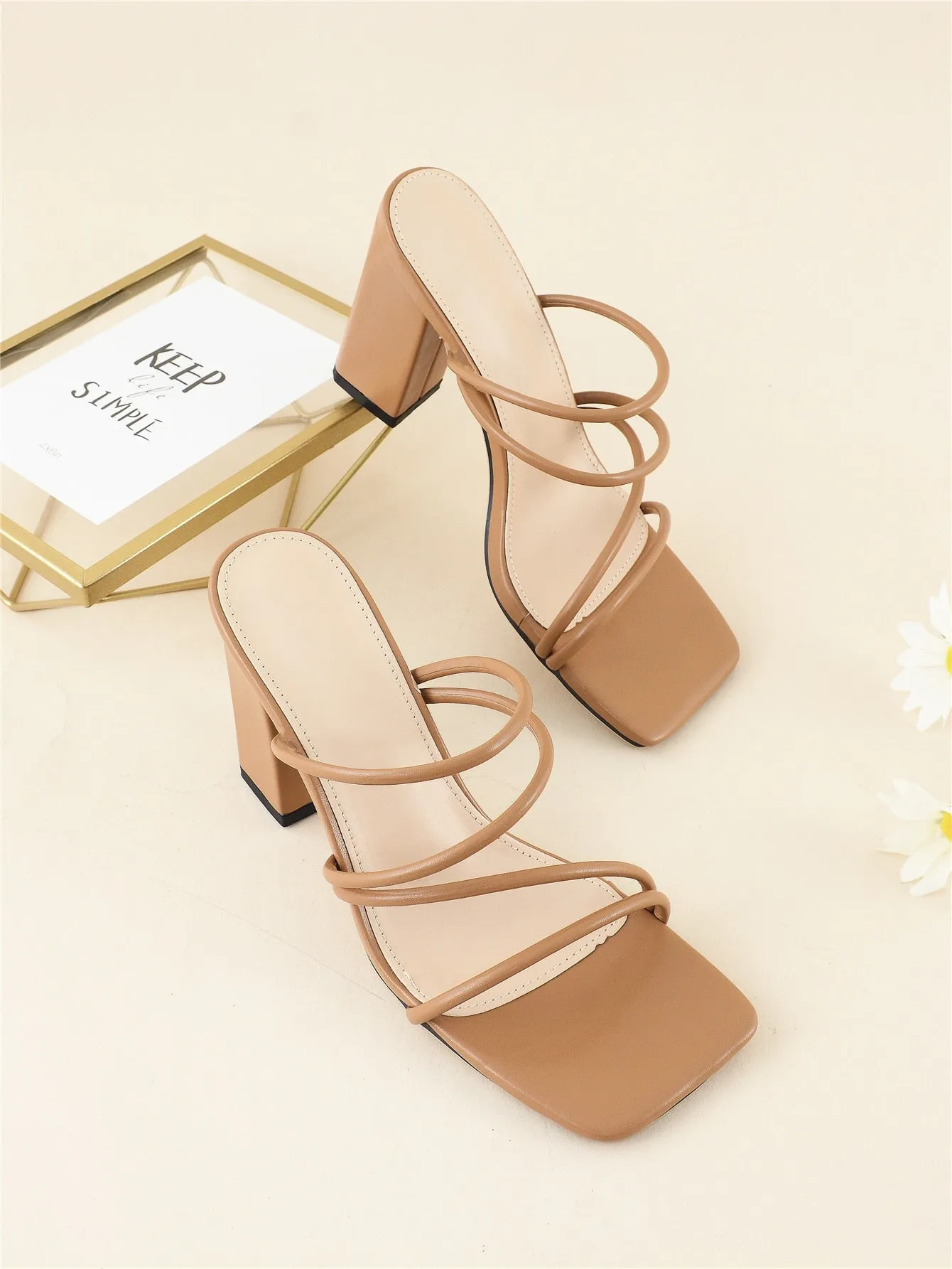 Thin Strap Chunky Heeled Mule Sandals