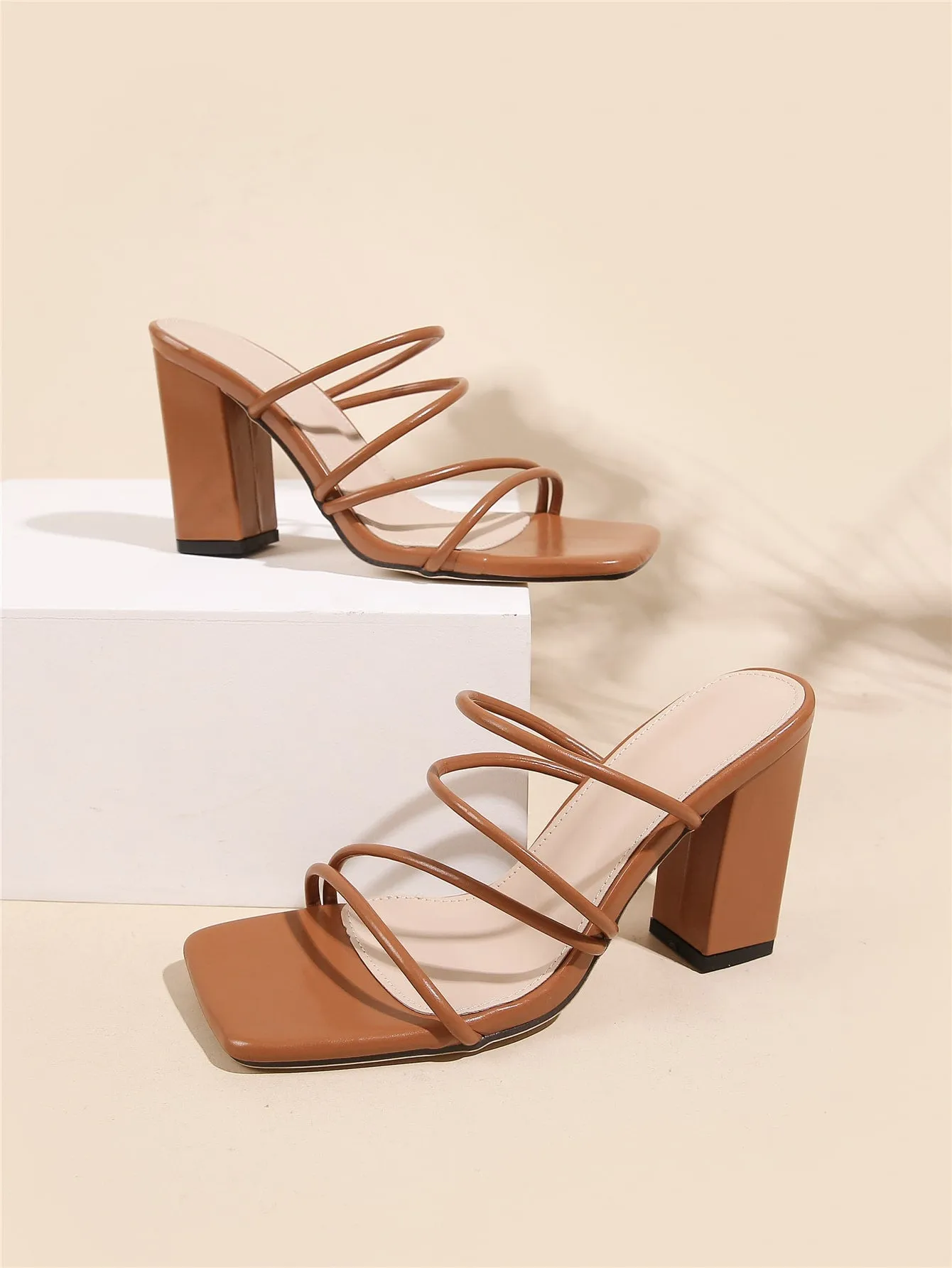 Thin Strap Chunky Heeled Mule Sandals