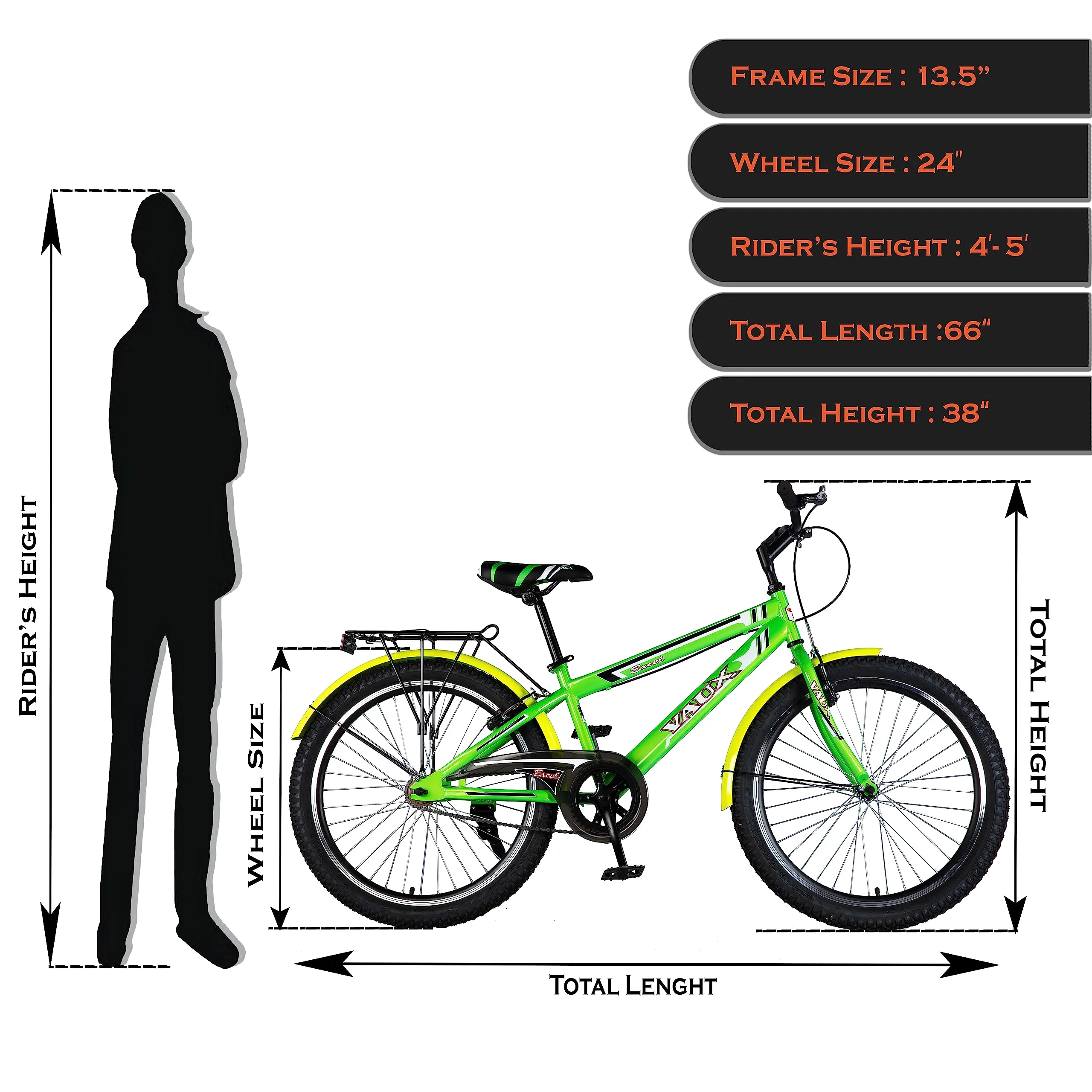 Vaux Excel Boys Cycle 24T with Carrier, 24inch Cycle with Steel Frame, Rigid Fork, Alloy Rims,24x2.40inch Ralson Tyre, Bicycle for Boys 10 to 15 Years (Neon)