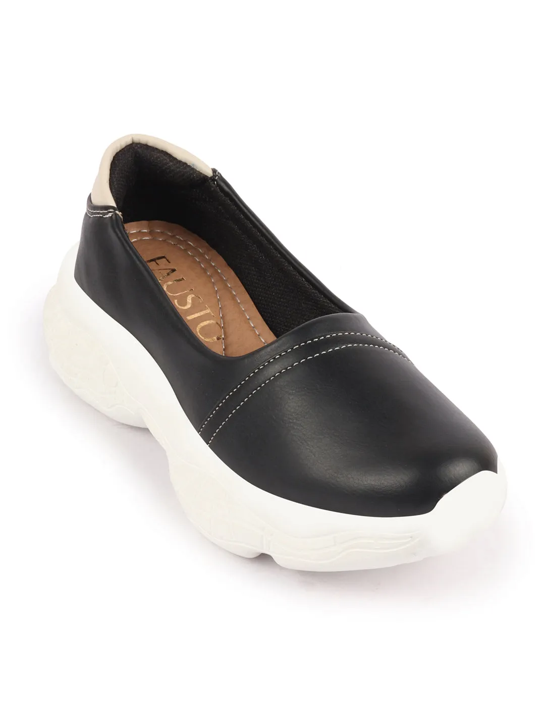 Women Black Outdoor Fashion Stitched Design Slip On Shoes