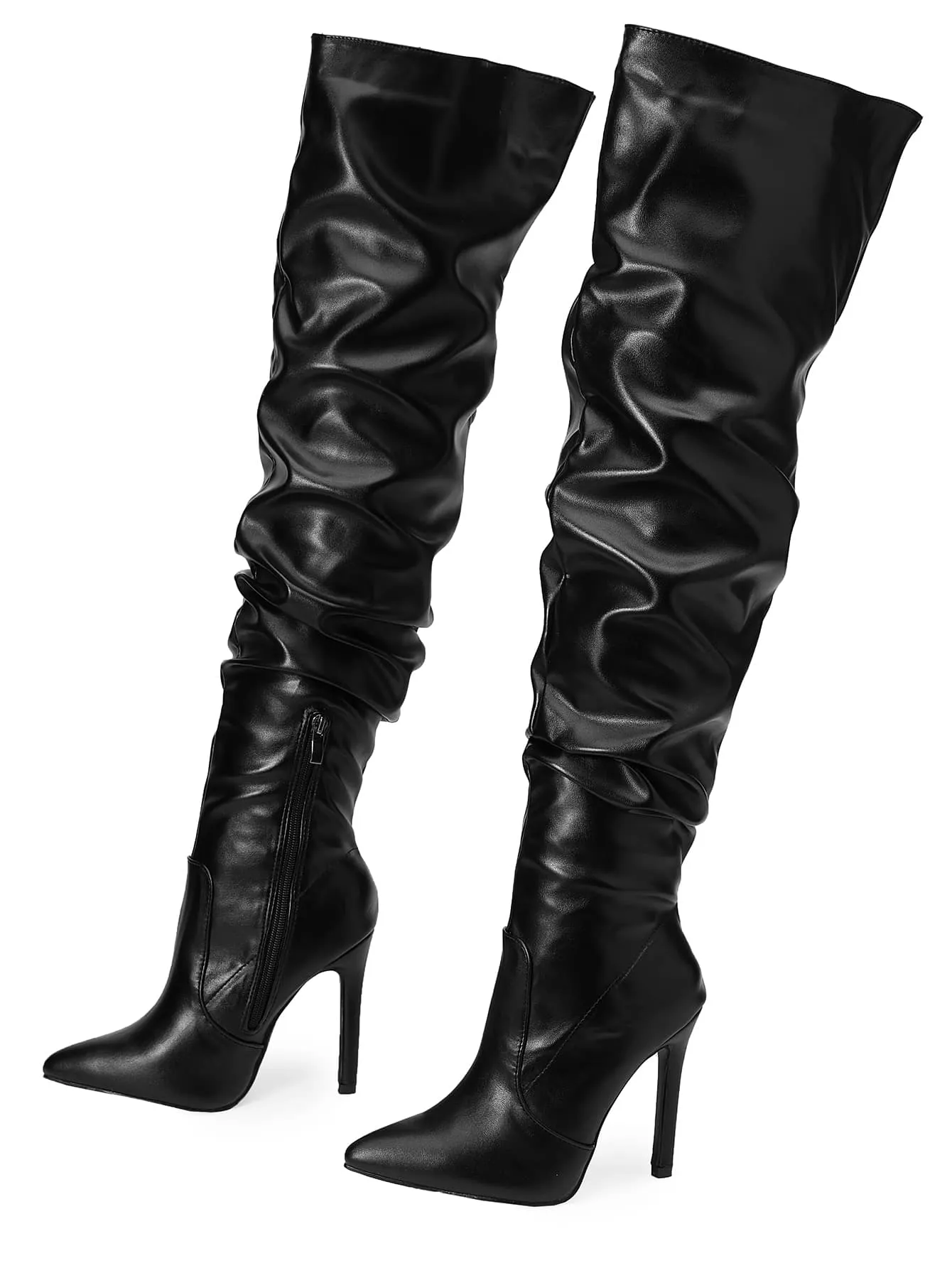 Women's High Heeled Black Solid Color Ruffled Boots