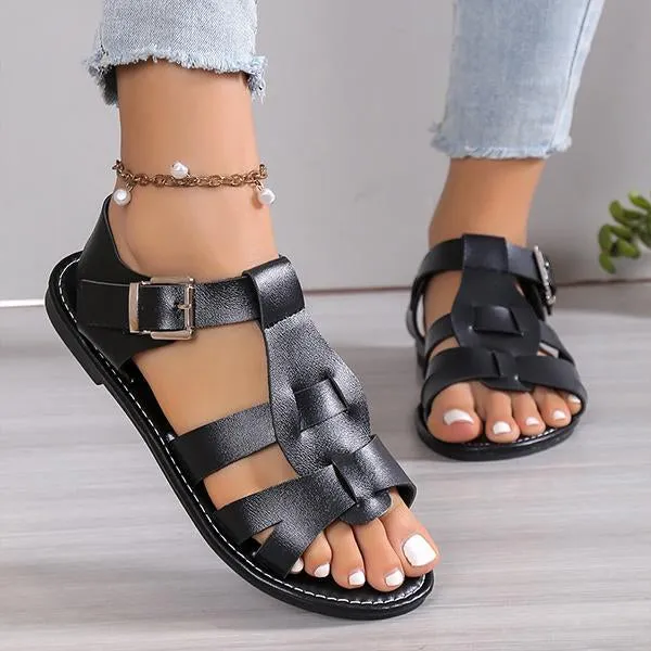 Women's Retro Belt Buckle Flat Hollow Sandals 57878197S