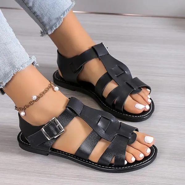 Women's Retro Belt Buckle Flat Hollow Sandals 57878197S